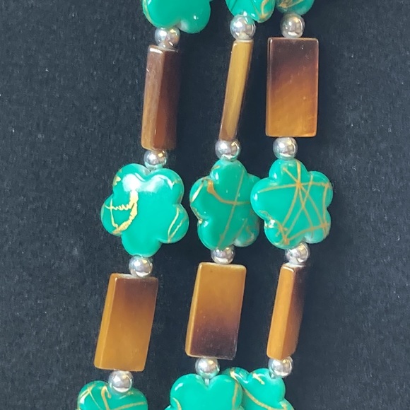 Green Brown Gold Flower Bead Necklace 18" 3" Extender - Picture 7 of 13